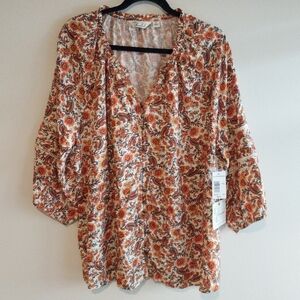 Cafe Marrakesh Orange & Blue Floral Paisley Boho Ruffle Neck Top